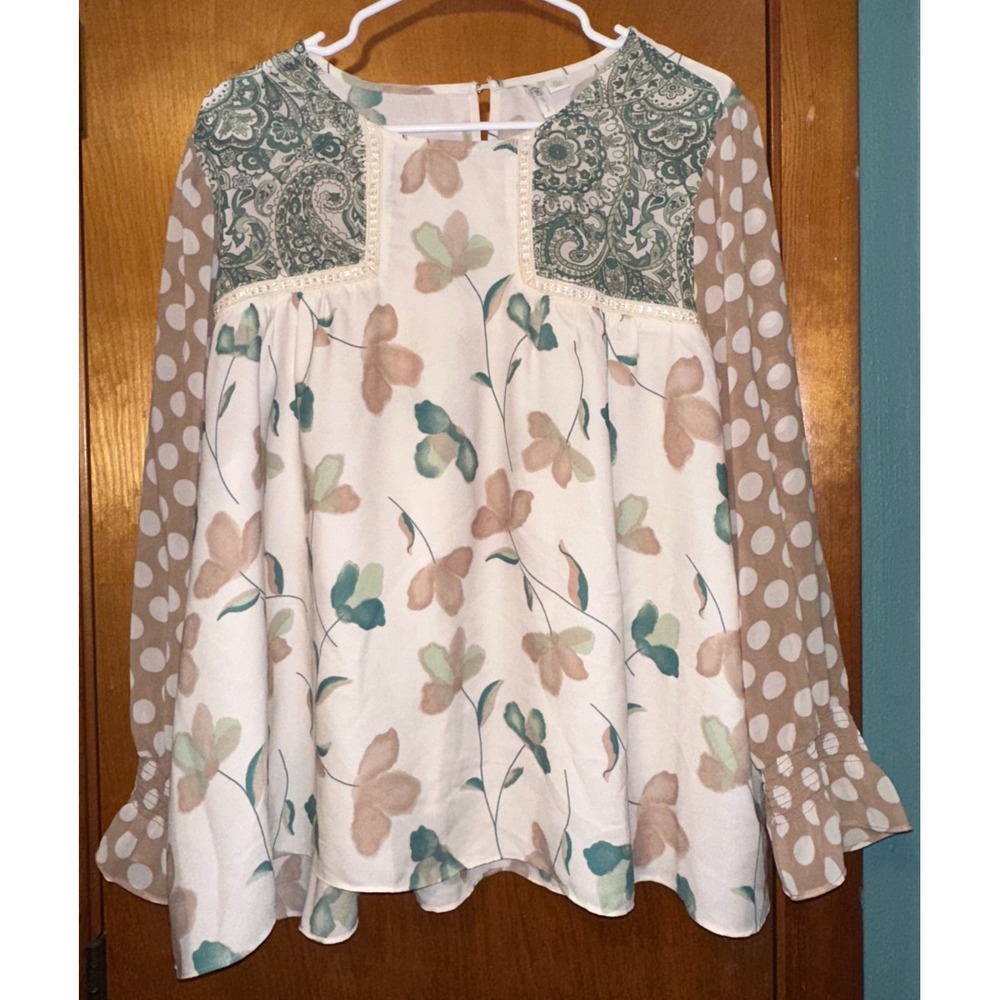 Cato Womens Sage Green Ivory Floral Polka Dot Long Sleeve Blouse XL